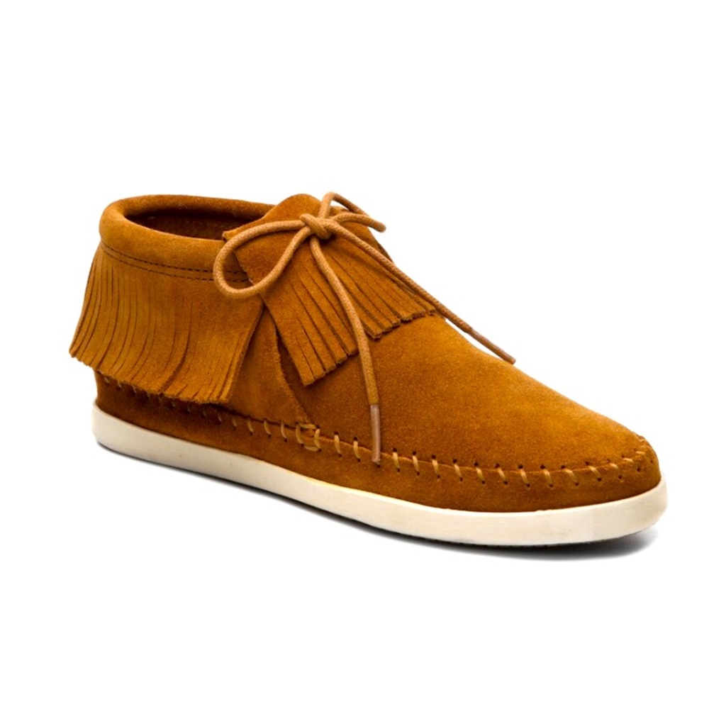 Minnetonka Moccasin Suede Vintage Boho Western Venice LaceUp Ankle Fringe Bootie